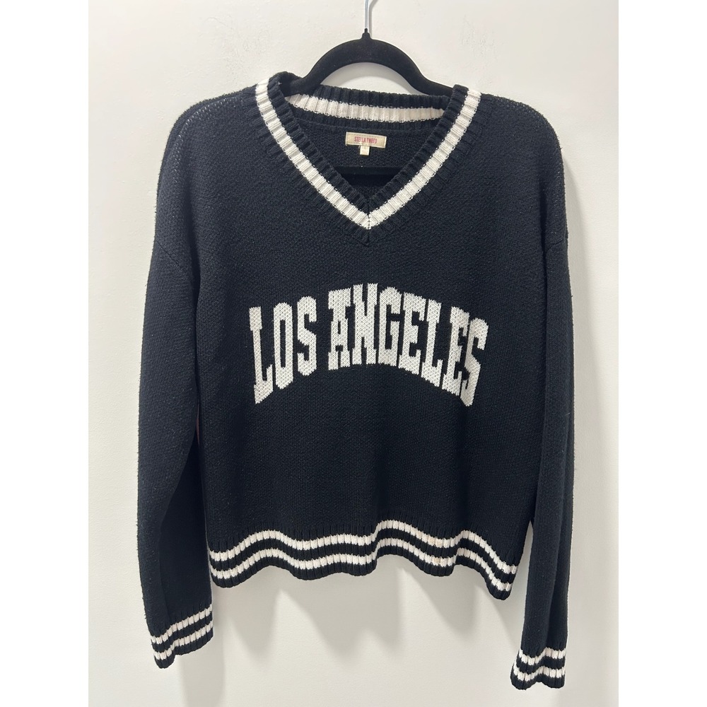 Stella Tweed Los Angeles V-Neck Varsity Stripe Preppy Sweater Black White Large